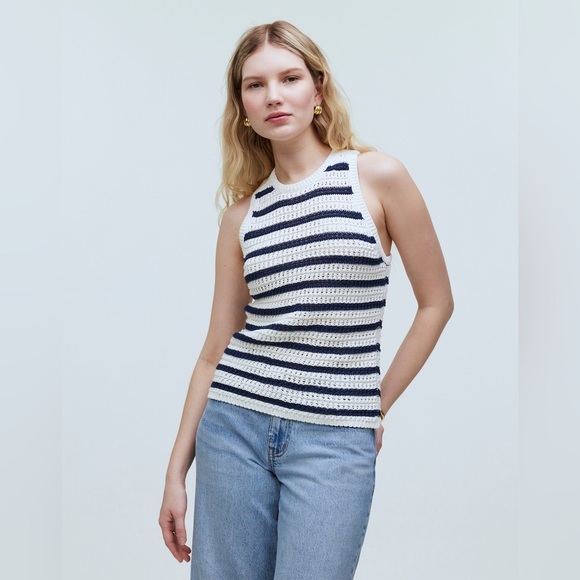 Madewell Womens Crochet-Knit Crewneck Sweater Tank N0991 Sz XS in Blue&White NWT - Picture 2 of 7